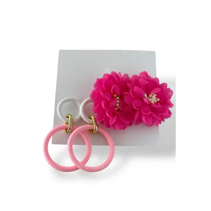 Pembe Renk Çiçek Figürlü Küpe Set