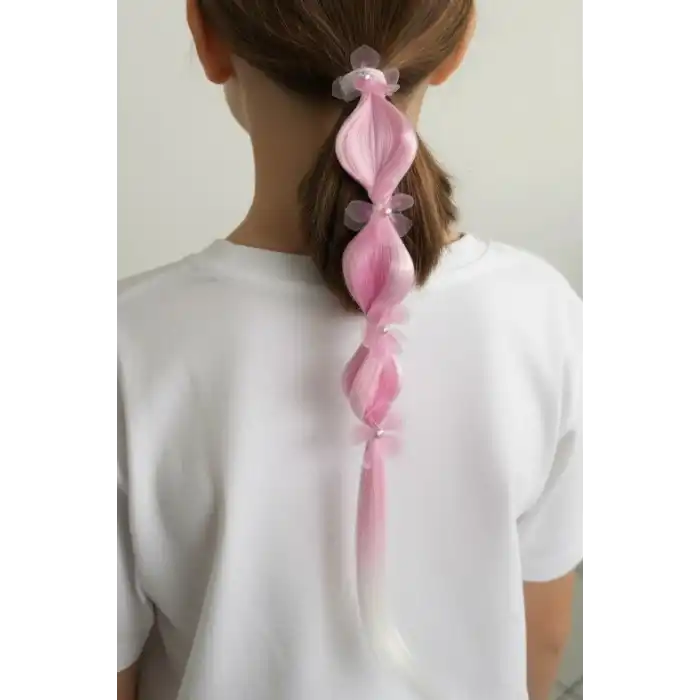 Pembe Renk Çiçek Figürlü Saç Detaylı Lastik Toka