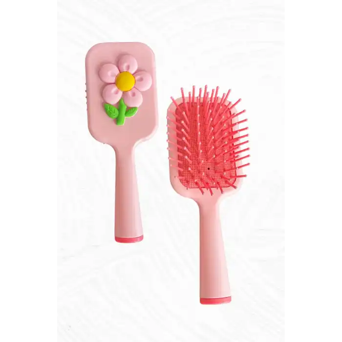 Pembe Renk Çiçek Figürlü Saç Fırçası/ Tarak
