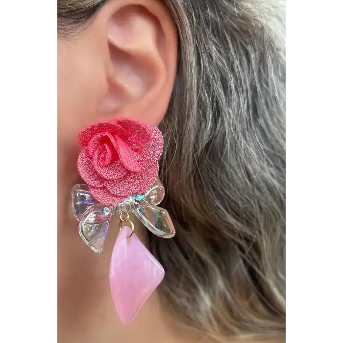Pembe Renk Çiçek Ve Kurdele Figürlü Küpe (Çift)