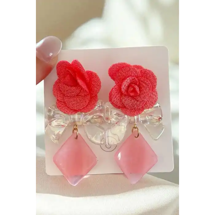 Pembe Renk Çiçek Ve Kurdele Figürlü Küpe (Çift)