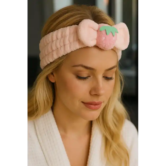 Pembe Renk Çilek Figürlü Peluş Saç Bandı