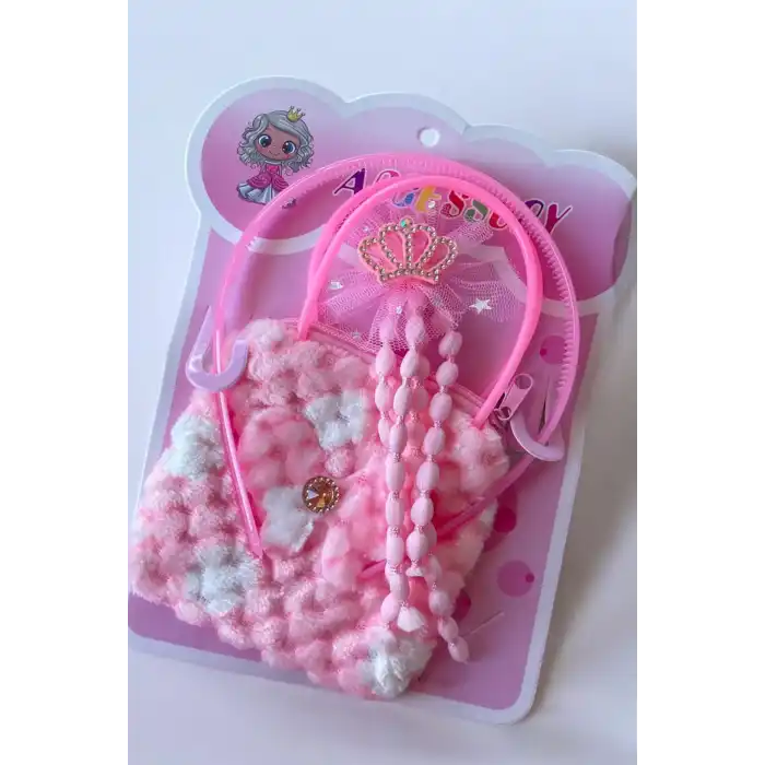Pembe Renk Çocuk Toka Çanta Taç Set