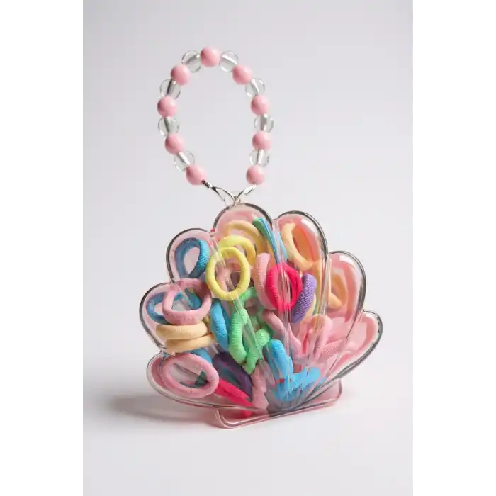 Pembe Renk Deniz Kabuğu Figürlü Boncuklu Çantalı Toka Seti