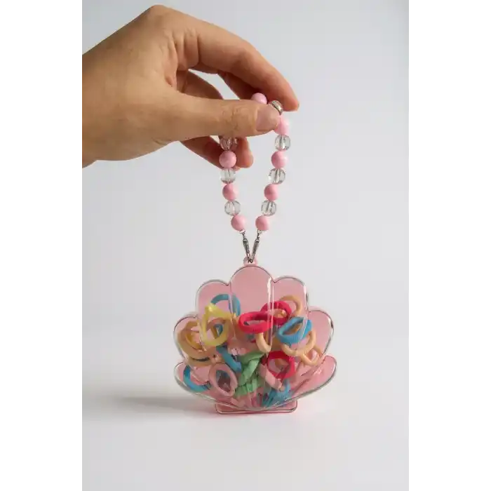 Pembe Renk Deniz Kabuğu Figürlü Boncuklu Çantalı Toka Seti