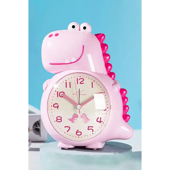 Pembe Renk Dinazor Figürlü Dekoratif Alarmlı Masa Saati