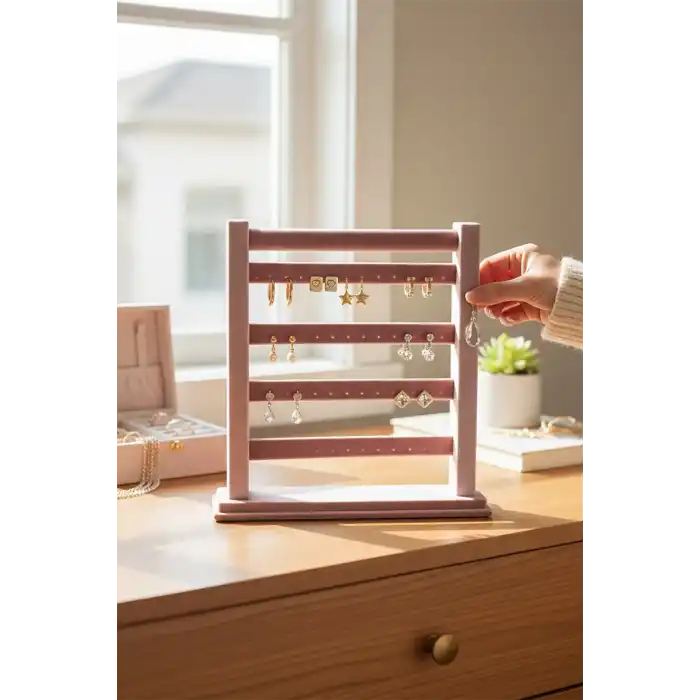 Pembe Renk Dört Katlı Küpe Düzenleyici / Organizer