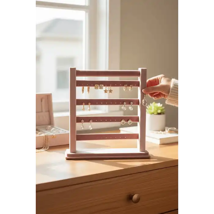 Pembe Renk Dört Katlı Küpe Düzenleyici / Organizer