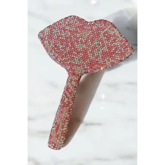 Pembe Renk Dudak Figürlü Taş Detaylı El Aynası