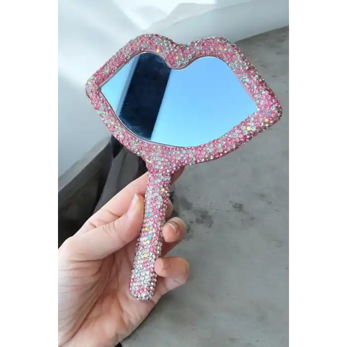 Pembe Renk Dudak Figürlü Taş Detaylı El Aynası