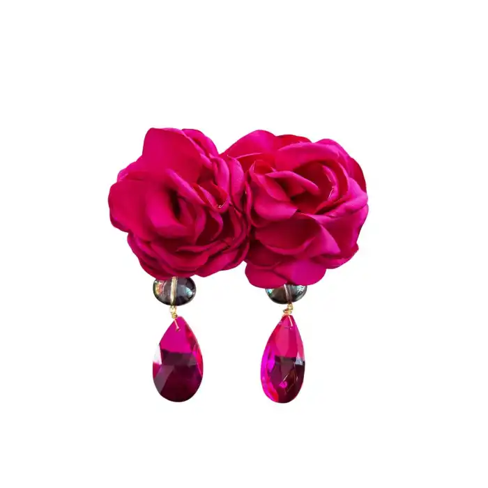 Pembe Renk Gül Figürlü Taş Detaylı Tasarım Küpe (Çift)