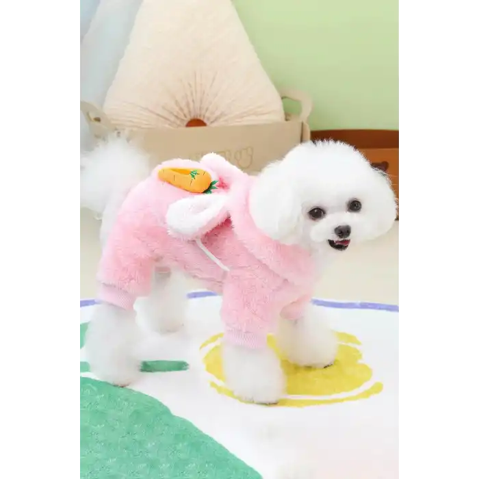 Pembe Renk Havuç Figürlü Çanta Detaylı  Peluş XL Köpek Tulum