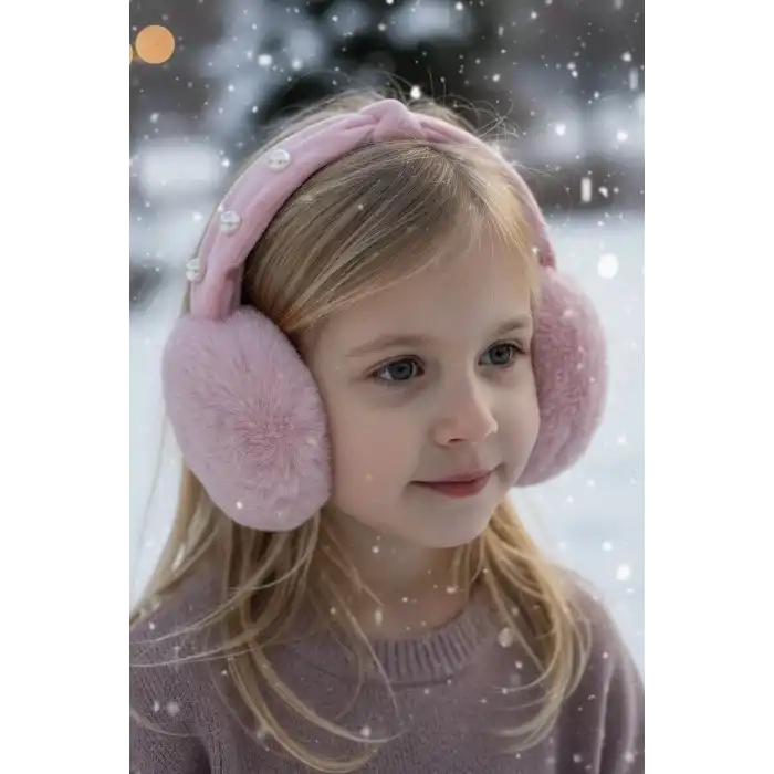 Pembe Renk İnci Detaylı Peluş Kulaklık