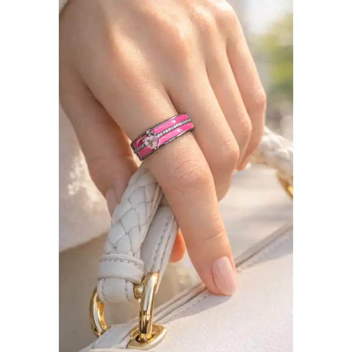 Pembe Renk Kalp Detaylı Ayarlanabilir Yüzük