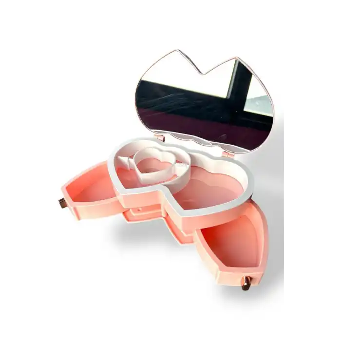 Pembe Renk Kalp Figürlü Aynalı Çekmeceli Takı Organizeri