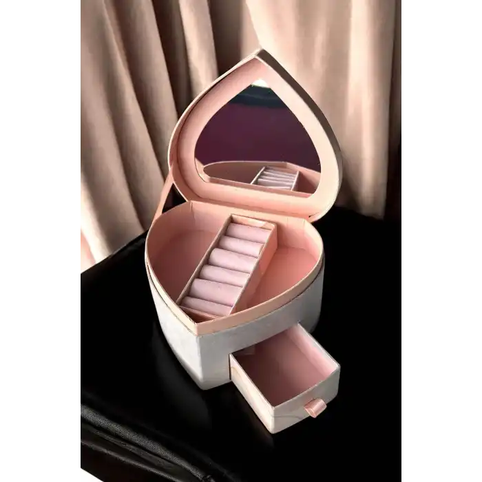 Pembe Renk Kalp Figürlü Bölmeli Çekmeceli Takı Organizeri