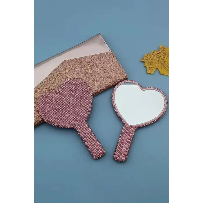 Pembe Renk Kalp Figürlü Taş Detaylı El Aynası