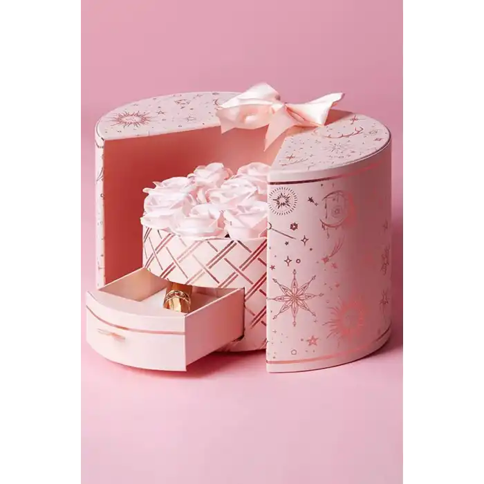Pembe Renk Karışık Figürlü Gül Detaylı Karton Çanta Hediyeli Hediye Kutusu