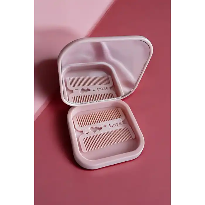 Pembe Renk Karışık Figürlü Tarak / Masa Aynası Set