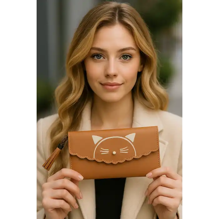 Pembe Renk Kedi Figürlü Deri Kadın Cüzdan
