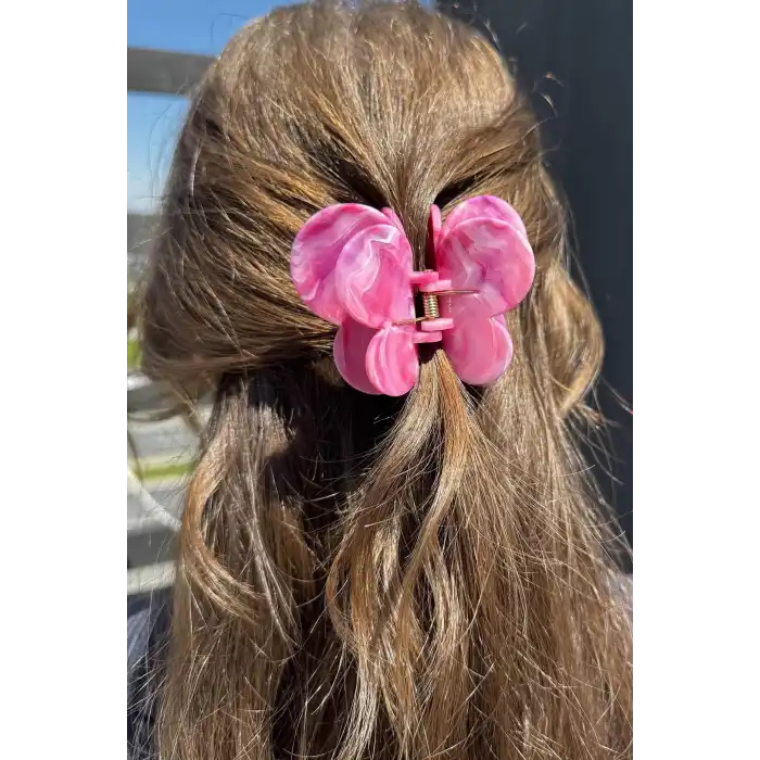 Pembe Renk Kelebek Figürlü Mermer Desenli Kemik Mandal Toka