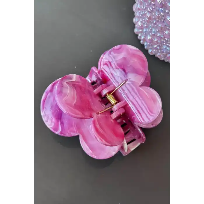 Pembe Renk Kelebek Figürlü Mermer Desenli Kemik Mandal Toka