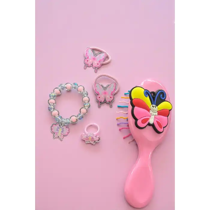 Pembe Renk Kelebek Figürlü Tarak /Bileklik /Yüzük Ve Toka Set