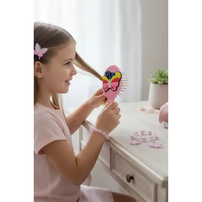 Pembe Renk Kelebek Figürlü Tarak /Bileklik /Yüzük Ve Toka Set