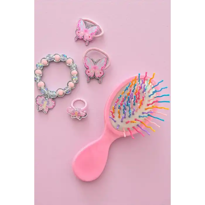 Pembe Renk Kelebek Figürlü Tarak /Bileklik /Yüzük Ve Toka Set