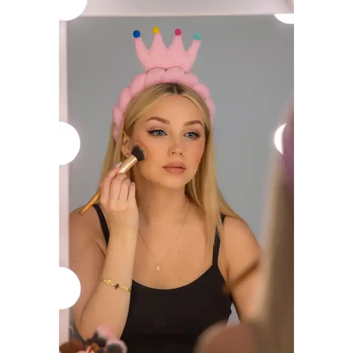 Pembe Renk Kral Tacı Detaylı Spa Saç Bandı Havlu Taç