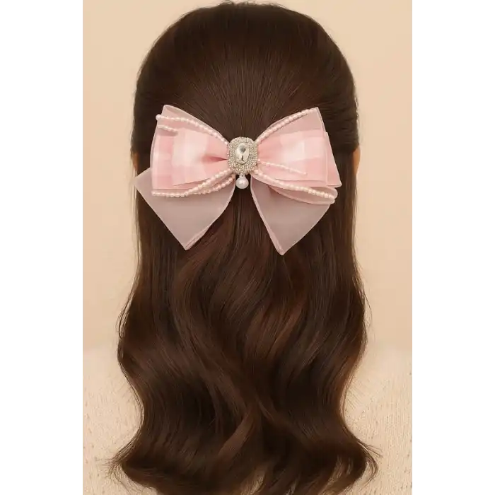 Pembe Renk Kurdele Figürlü İnci Detaylı Otomat Toka