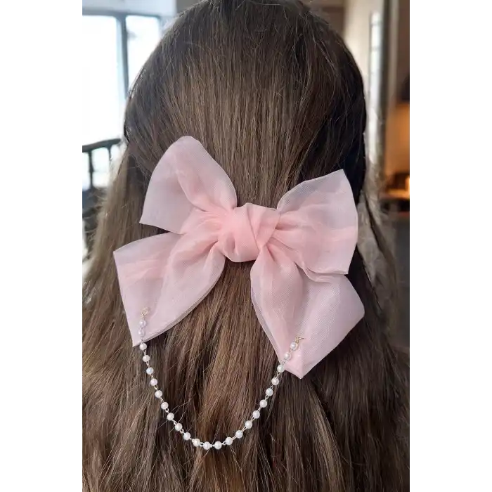 Pembe Renk Kurdele Figürlü İnci Detaylı Otomat Toka