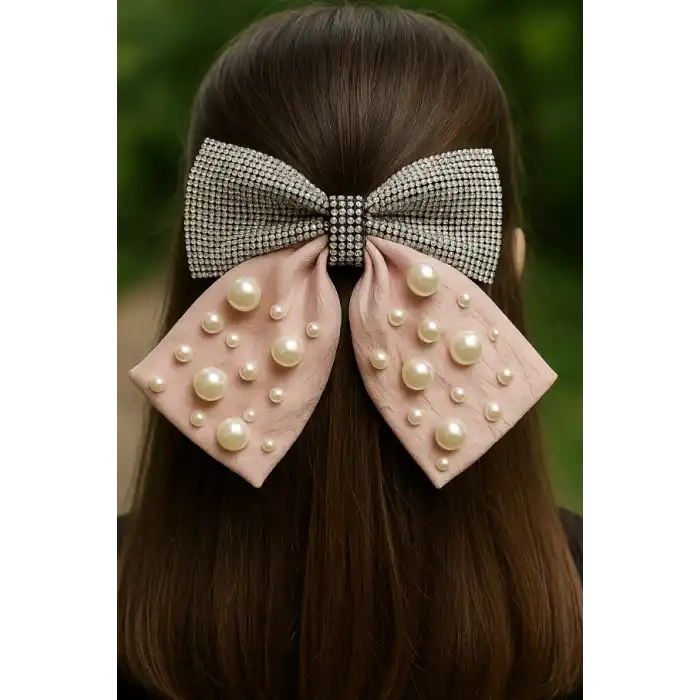 Pembe Renk Kurdele Figürlü İnci Ve Taş Detaylı Otomat Toka