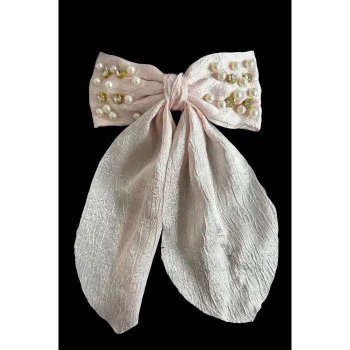 Pembe Renk Kurdele Figürlü İnci Ve Taş Detaylı Otomat Toka