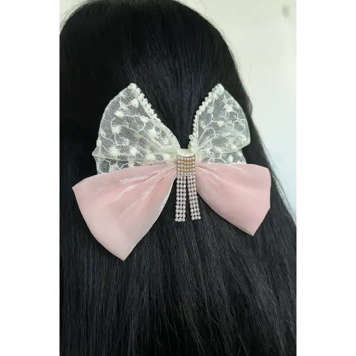 Pembe Renk Kurdele Figürlü Taş Detaylı Otomat Toka