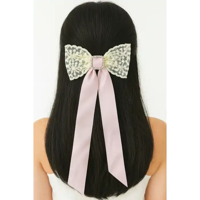 Pembe Renk Kurdele Figürlü Taş Detaylı Otomat Toka