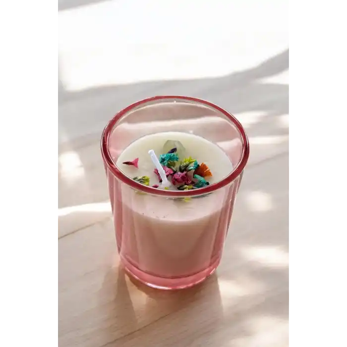 Pembe Renk Kuru Çiçek Detaylı Mum