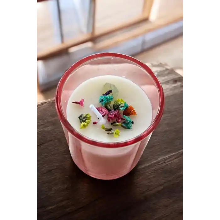 Pembe Renk Kuru Çiçek Detaylı Mum