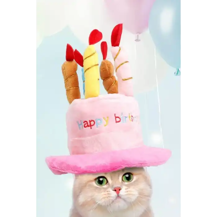 Pembe Renk Mum Figürlü Happy Birthday Yazılı Kedi Köpek Şapkası
