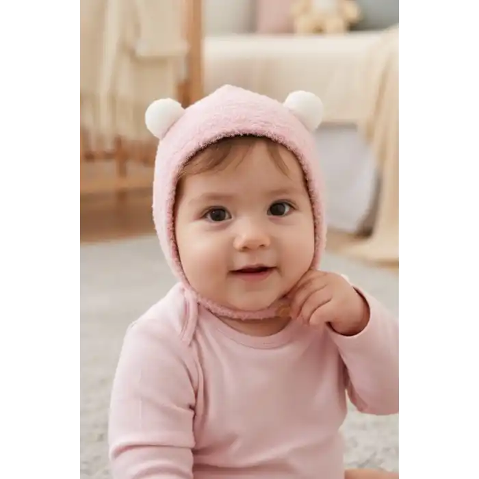 Pembe Renk Ponpon Detaylı Bebek Peluş Şapka