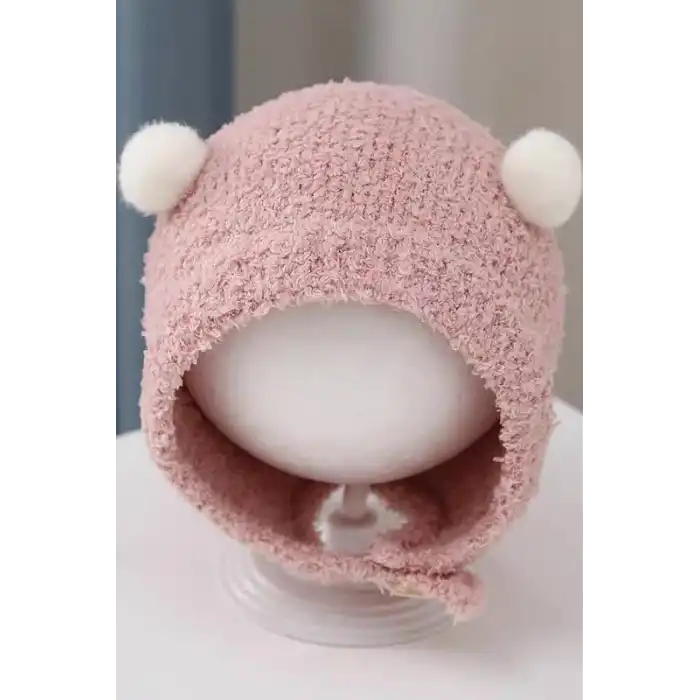 Pembe Renk Ponpon Detaylı Bebek Peluş Şapka