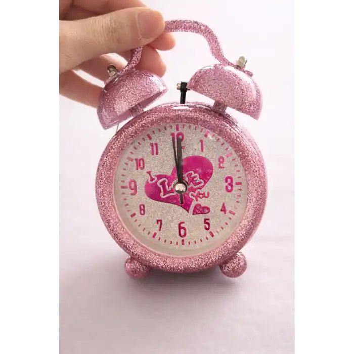 Pembe Renk Simli Mini Dekoratif Işıklı Alarmlı Yuvarlak Masa Saati
