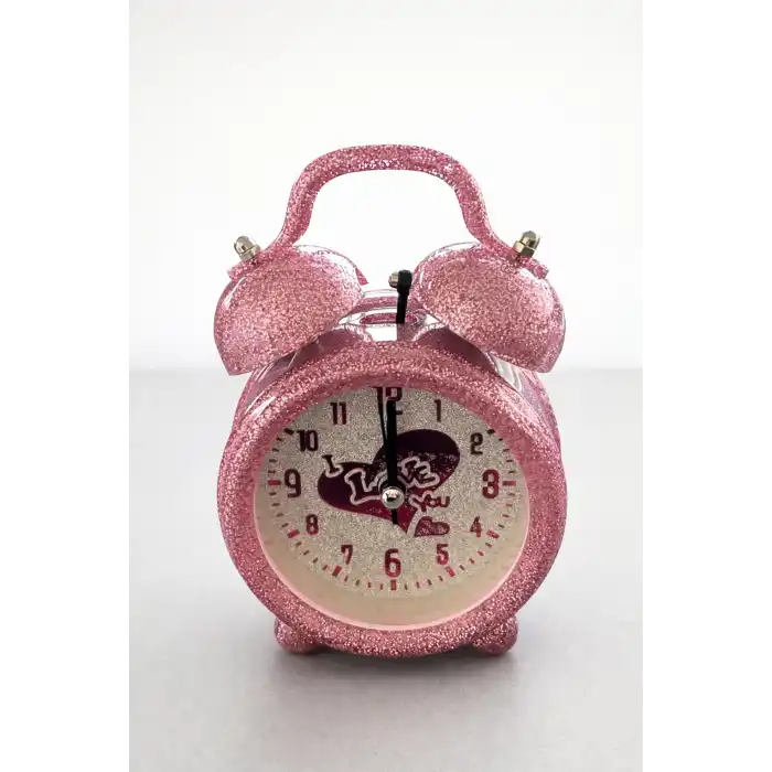 Pembe Renk Simli Mini Dekoratif Işıklı Alarmlı Yuvarlak Masa Saati