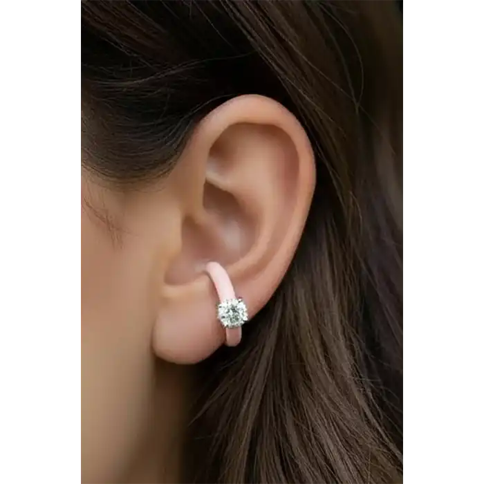 Pembe Renk Taş Detaylı 14K Altın Kaplama TX Ear Cuff (Tek)