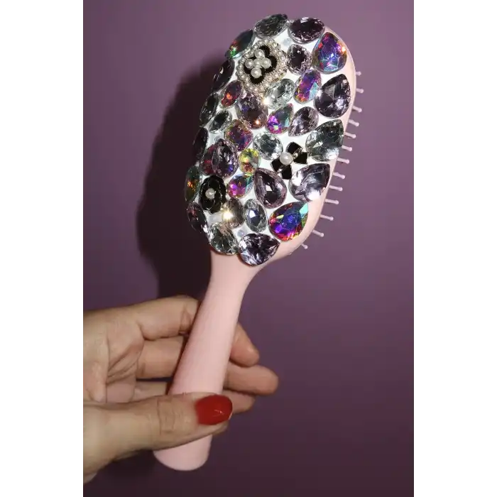 Pembe Renk Taş Ve İnci Detaylı Saç Tarama Fırçası/ Tarak