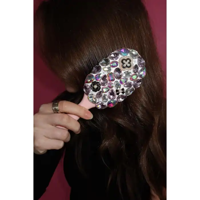 Pembe Renk Taş Ve İnci Detaylı Saç Tarama Fırçası/ Tarak