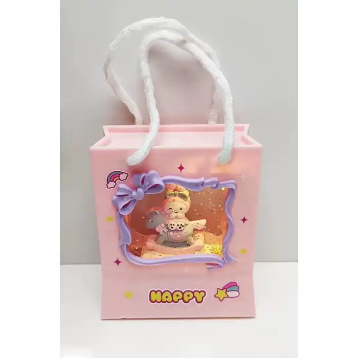 Pembe Renk Tavşan Figürlü Askı Detaylı Müziklı Işıklı Kar Küresi