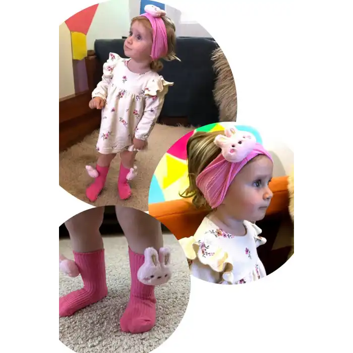 Pembe Renk Tavşan Figürlü Çocuk Saç Bandı Ve Çorap Set
