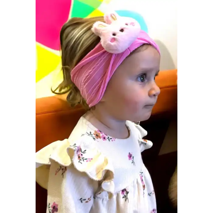 Pembe Renk Tavşan Figürlü Çocuk Saç Bandı Ve Çorap Set