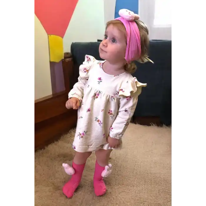 Pembe Renk Tavşan Figürlü Çocuk Saç Bandı Ve Çorap Set